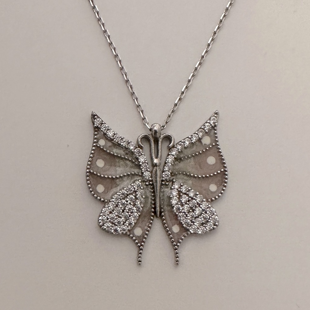 925 Silver light pink butterfly handmade enamel necklace - Picture 1 of 2